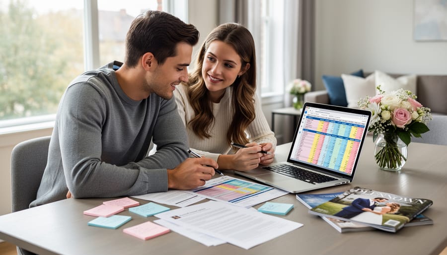 Engaged couple reviewing wedding budget documents together at home