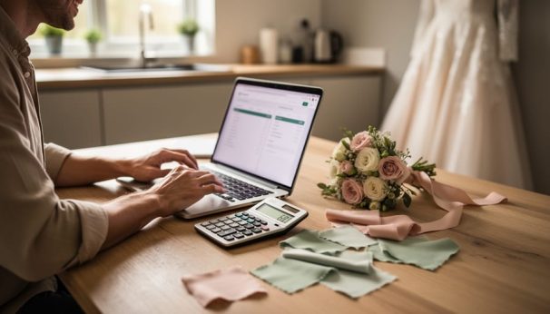 Engaged couple at a wooden kitchen table using a laptop and calculator with fabric swatches and a small bouquet, lit by soft natural window light; a wedding dress hangs blurred in the background.