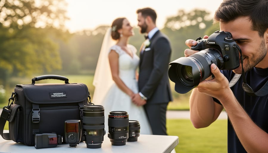 Wedding photographer's hands holding professional camera equipment