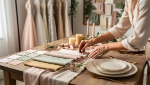 Hands of a wedding style consultant arranging linen swatches, blank color chips, ribbon, flowers, candles, and elegant plates on a wooden table, with a softly blurred studio showing a dress rack and an inspiration pinboard without visible text.