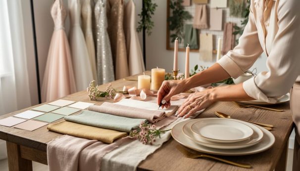 Hands of a wedding style consultant arranging linen swatches, blank color chips, ribbon, flowers, candles, and elegant plates on a wooden table, with a softly blurred studio showing a dress rack and an inspiration pinboard without visible text.