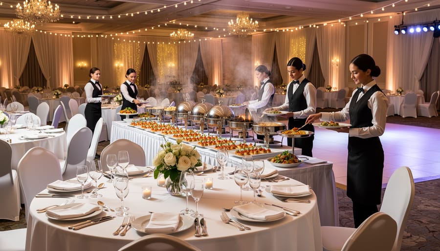 Elegant wedding reception table with formal place settings and floral centerpiece