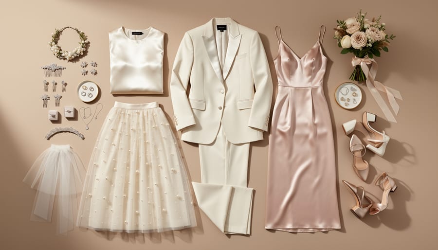 Alternative bridal clothing items arranged on a studio table, including a coloured satin gown, bridal jumpsuit, and heels