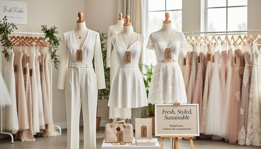 Alternative two-piece wedding outfit displayed on a steam rack with garment bag in a boutique rental setting
