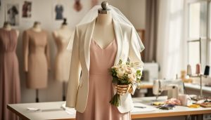 Blush slip wedding dress styled on a mannequin with matching bridal jacket, bouquet, and bridal accessories in a bright boutique workroom setting.
