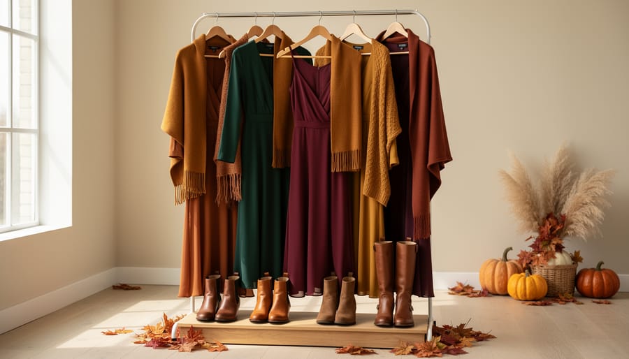 Autumn wedding guest dress on a boutique garment rack with a mirror reflection and accessories like a shawl and boots.