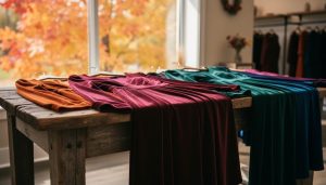 Long-sleeved autumn wedding guest dresses in burnt orange and burgundy displayed on a rustic table with warm fall ambience in the background.