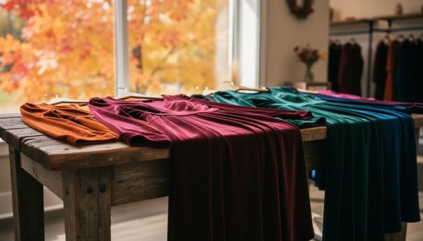 Long-sleeved autumn wedding guest dresses in burnt orange and burgundy displayed on a rustic table with warm fall ambience in the background.