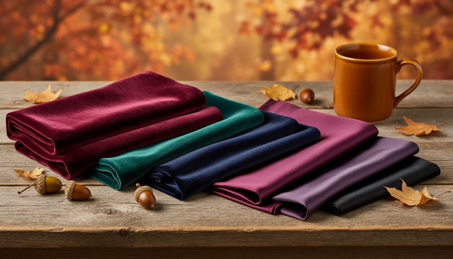 Autumn wedding guest dresses laid out with velvet and satin fabrics in rich fall colors.