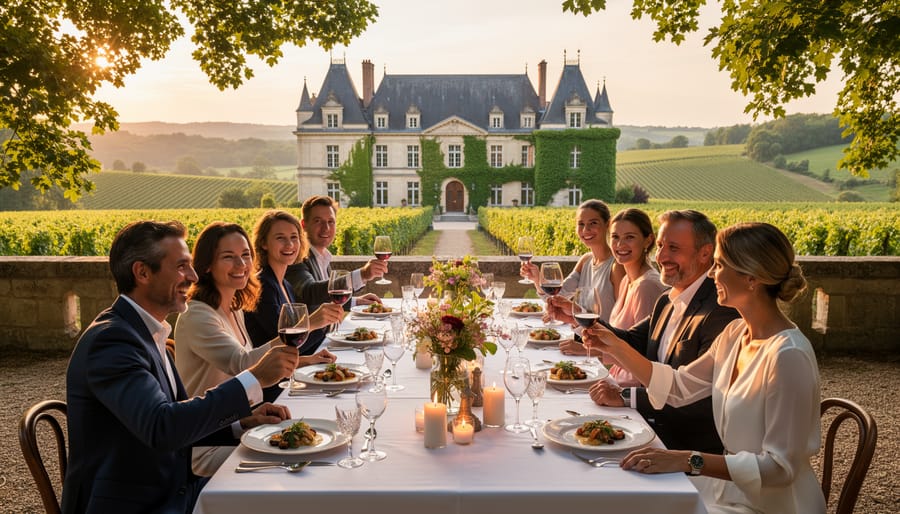 Banquet tables in a French château courtyard with vineyard rows stretching into the background