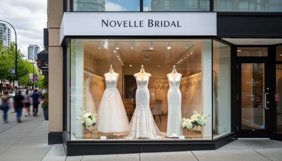 Bridal boutique storefront with mannequins wearing elegant wedding gowns in the window