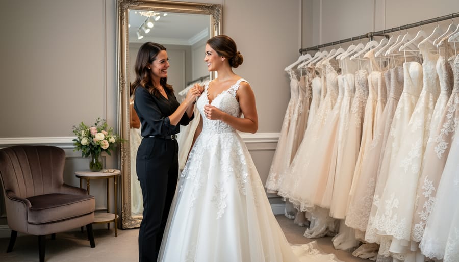 Bridal consultant assisting a bride with lacing an elegant wedding gown during an appointment