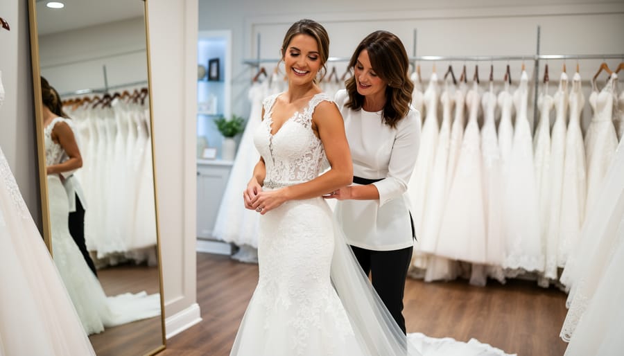 Bridal stylist helping a bride during a wedding dress fitting in a boutique