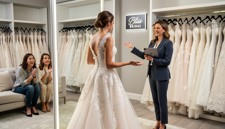 Bride and bridesmaid looking at an elegant wedding gown hanger in a bridal fitting room