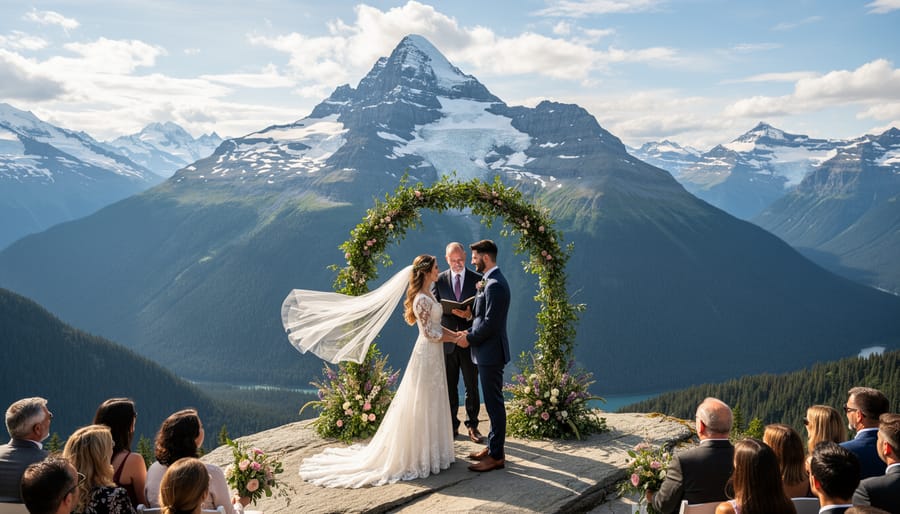 Bride and groom exchanging vows with snow-capped mountains in the background