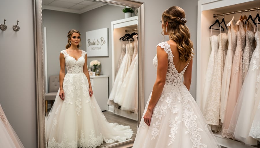 Bride from behind holding a lace veil near a full-length mirror in a boutique