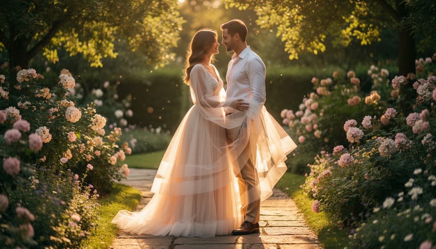 Bride in a romantic tulle wedding dress posing in a garden at golden hour