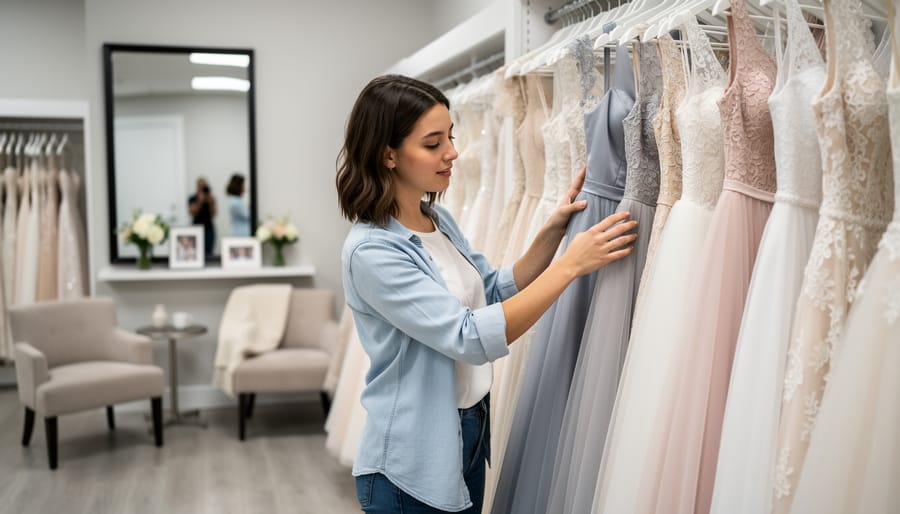 Bride-to-be adjusting her satin wedding dress straps in a softly lit bridal boutique while holding a bouquet of white peonies.
