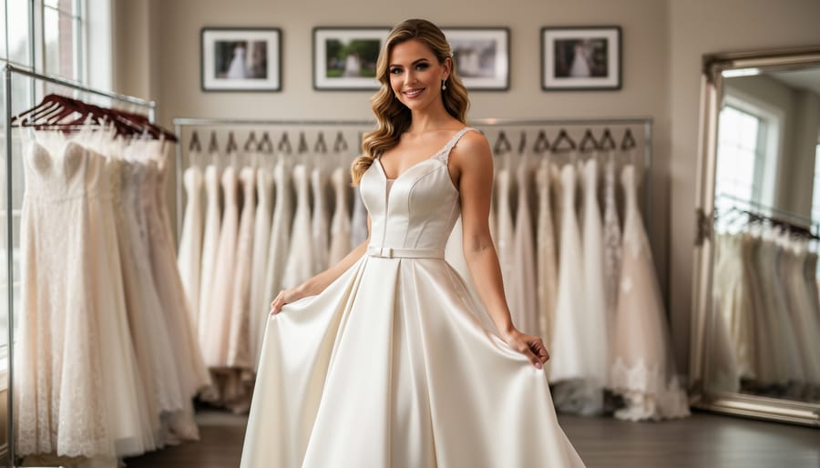 Bride-to-be trying on a satin wedding gown inside a bridal boutique with soft window light