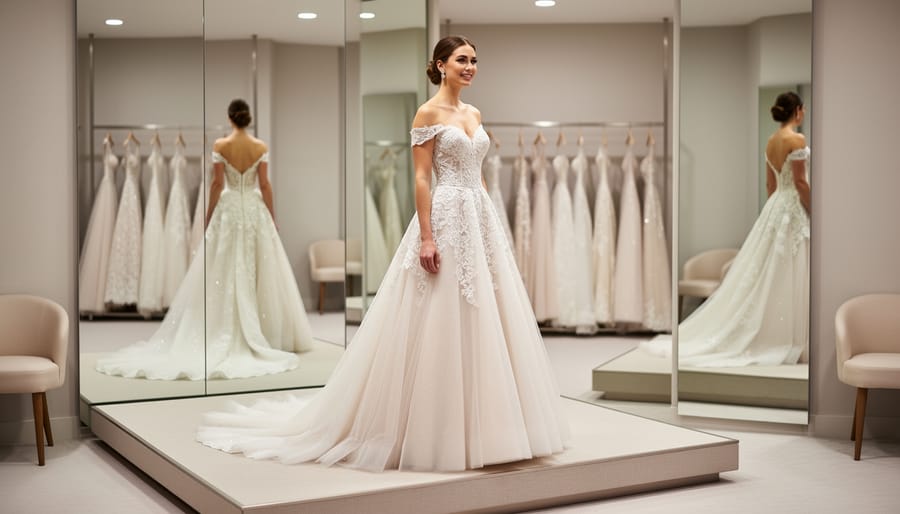 Bride wearing a romantic satin ball gown in a bridal boutique dressing room with soft daylight