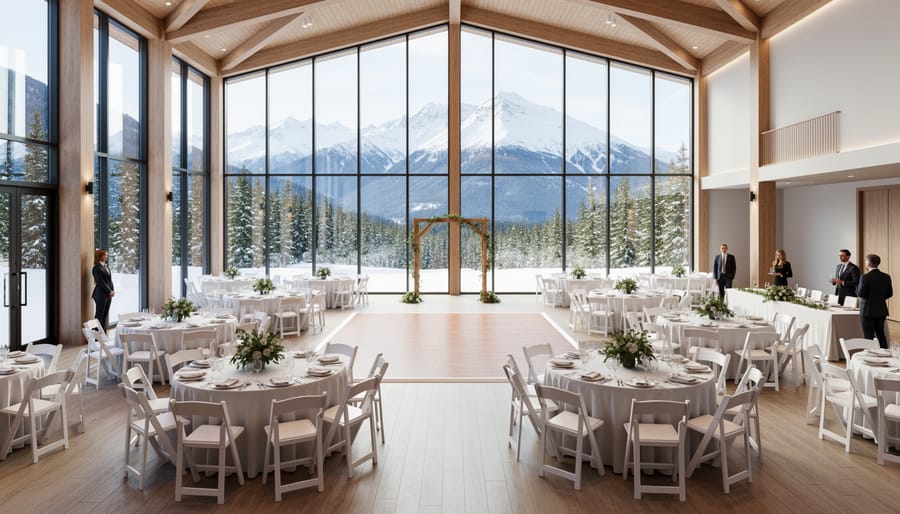 Bright event room with table settings and large windows looking out to snowy mountains