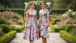 Wedding guests wearing floral midi dresses in a garden setting, photographed in soft natural light.