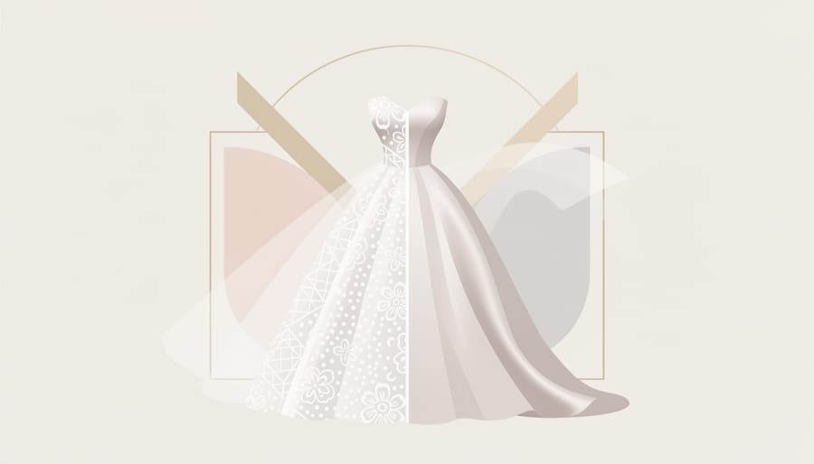 Close-up of lace, tulle, and satin wedding dress fabrics arranged on a table in soft studio lighting
