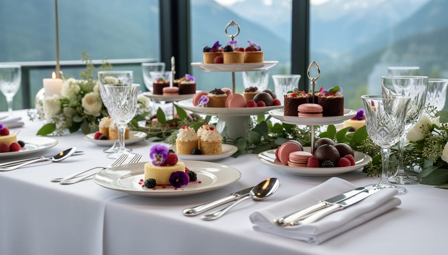 Close-up of wedding cake and dessert table with fresh berries and floral decorations