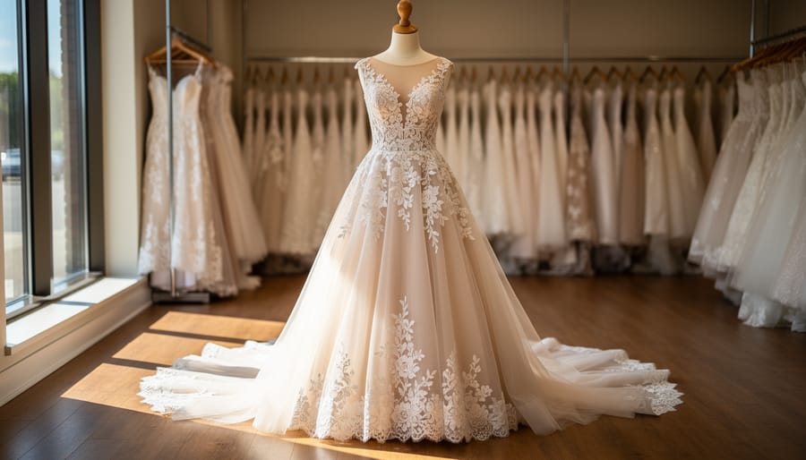 Close-up view of a romantic lace and tulle wedding dress in an Ottawa bridal boutique