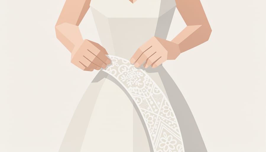 Designer hands pinning lace appliqués onto tulle fabric on a dress form for a custom romantic wedding dress