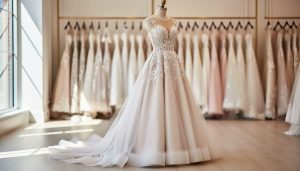 Romantic wedding gown with lace bodice and flowing satin skirt displayed on a mannequin in an elegant bridal boutique with softly blurred dresses in the background.