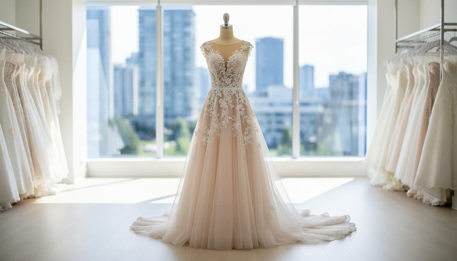 Ethereal romantic wedding gown with illusion sleeves in a Vancouver bridal boutique showroom
