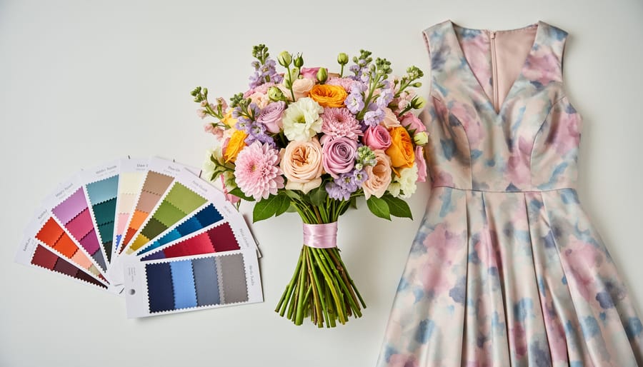 Floral fabric swatches and a bouquet arranged on a table next to a draped floral dress sleeve.