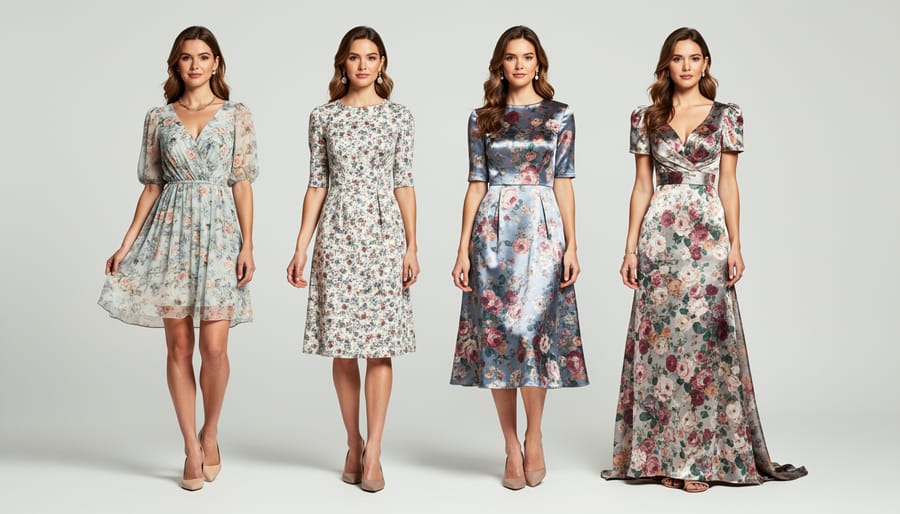 Floral wedding guest dresses in different lengths and fabrics displayed on hangers and a styling table.