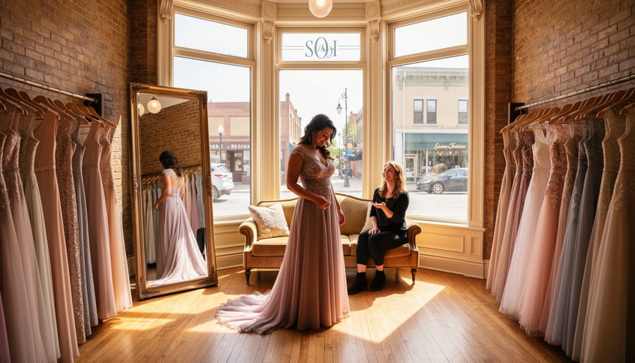 Group of brides trying on wedding dresses and viewing themselves in mirrors inside a boutique with historic decor.