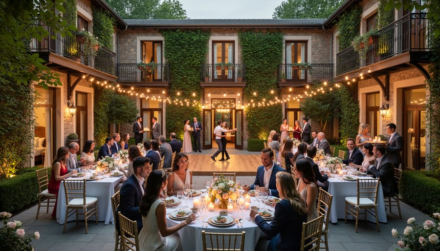 Guests in a courtyard of a historic inn with candlelit tables and the bridal party near the entrance