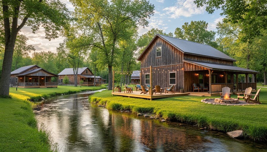 Guests socializing outside a rustic barn with string lights and visible cabin accommodations in the background