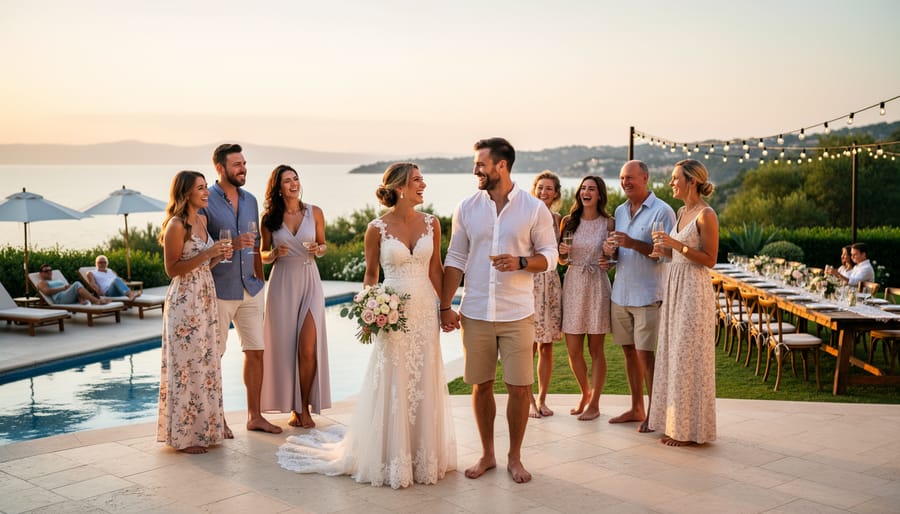 Guests toasting and a wedding couple holding hands on a venue balcony with warm evening lights in the background