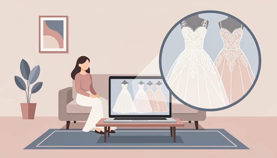 Hands holding lace from a romantic wedding dress sample near a smartphone and tablet on a table