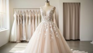 Hayley Paige–inspired wedding dress with romantic tulle and floral appliqués displayed on a mannequin in a bright bridal boutique.