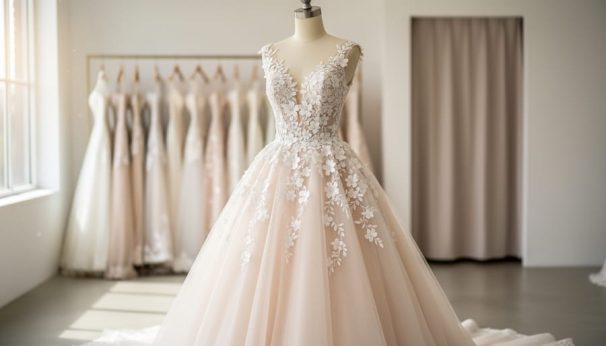 Hayley Paige–inspired wedding dress with romantic tulle and floral appliqués displayed on a mannequin in a bright bridal boutique.
