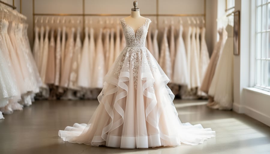 Hayley Paige, inspired bridal gown displayed on a mannequin in a bright bridal boutique