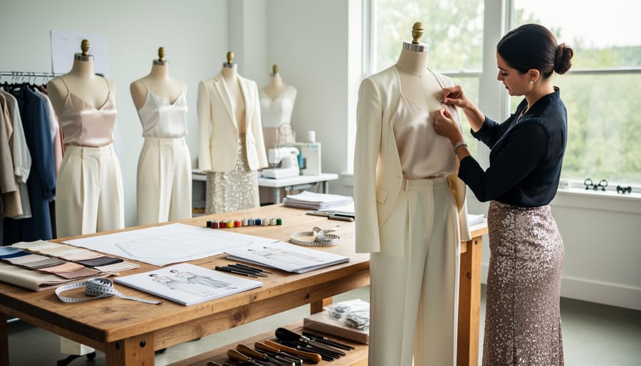 Mannequin in a tailored two-piece alternative wedding outfit in a designer sewing studio with tools on a work table