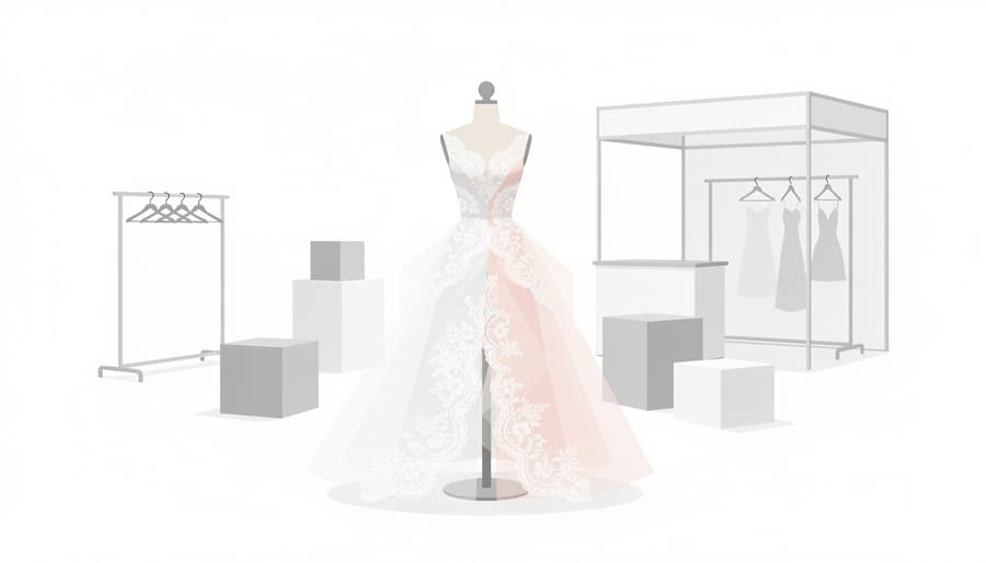 Mannequin wearing a lace wedding dress with flowing tulle in a modern pop-up event space.