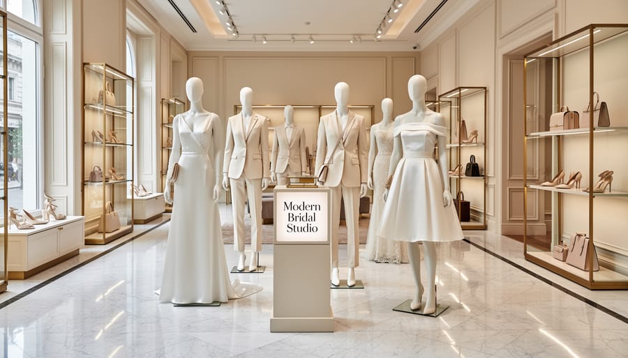 Mannequin wearing a sophisticated alternative gown in a high-end department store display