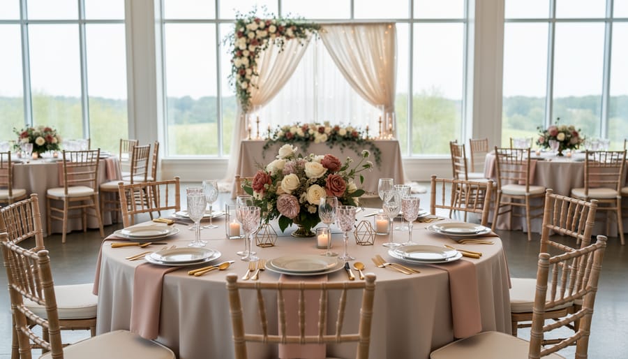 Reception setting with sage green and dusty blue decor and an ivory tulle fabric draped nearby