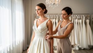Bride trying on a satin wedding dress in a Regina bridal boutique while a consultant assists with the fitting using a measuring tape.