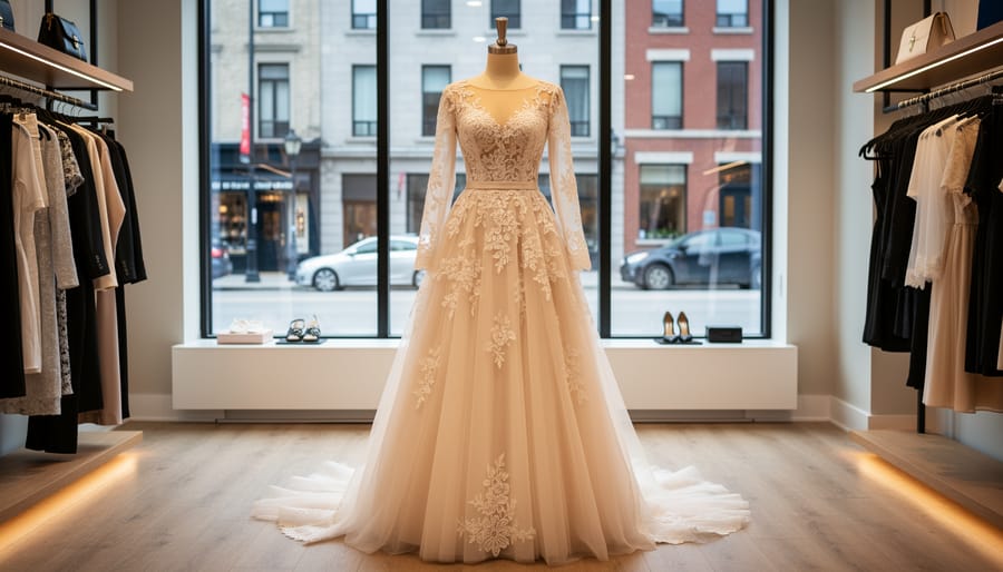 Romantic European-inspired wedding gown on a mannequin in a Montreal bridal boutique