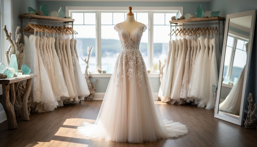 Romantic flowing wedding gown in an Atlantic Canada bridal shop near a window