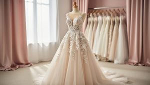 Ivory romantic wedding dress with Chantilly lace bodice and flowing tulle skirt displayed in a bridal boutique under soft window light.